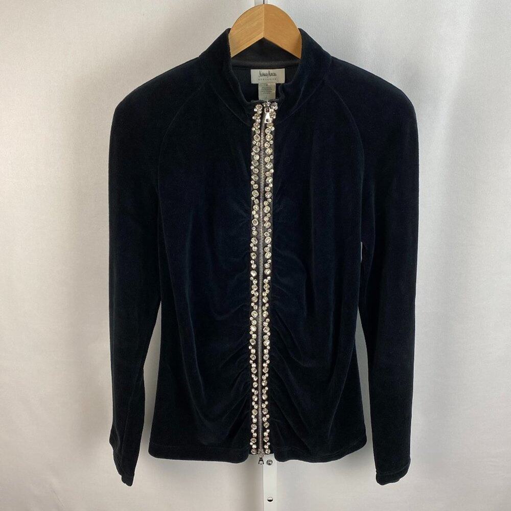Neiman Marcus Exclusive Velvet Jacket Full Dual Zipper Jewel Trim Black Medium